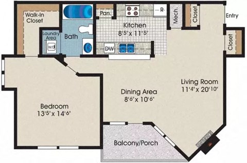 Floor plan for 1 bed, 1 bath, 750 sqft